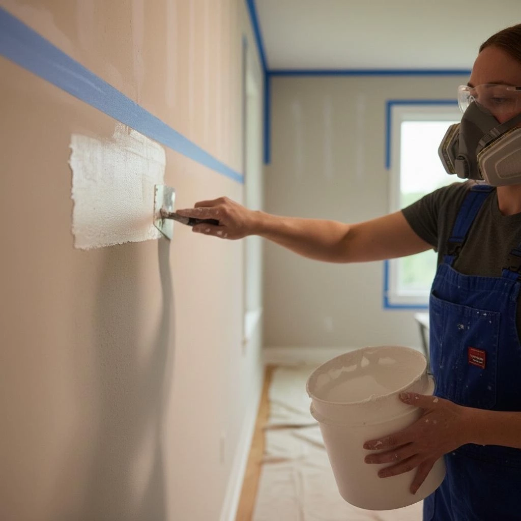  image of a painter applying patching compound to a wall.